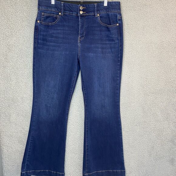 Indigo Poppy Flared Dark Jeans Women Sz 16 Elastic Waist High Rise Stretch - Picture 1 of 15